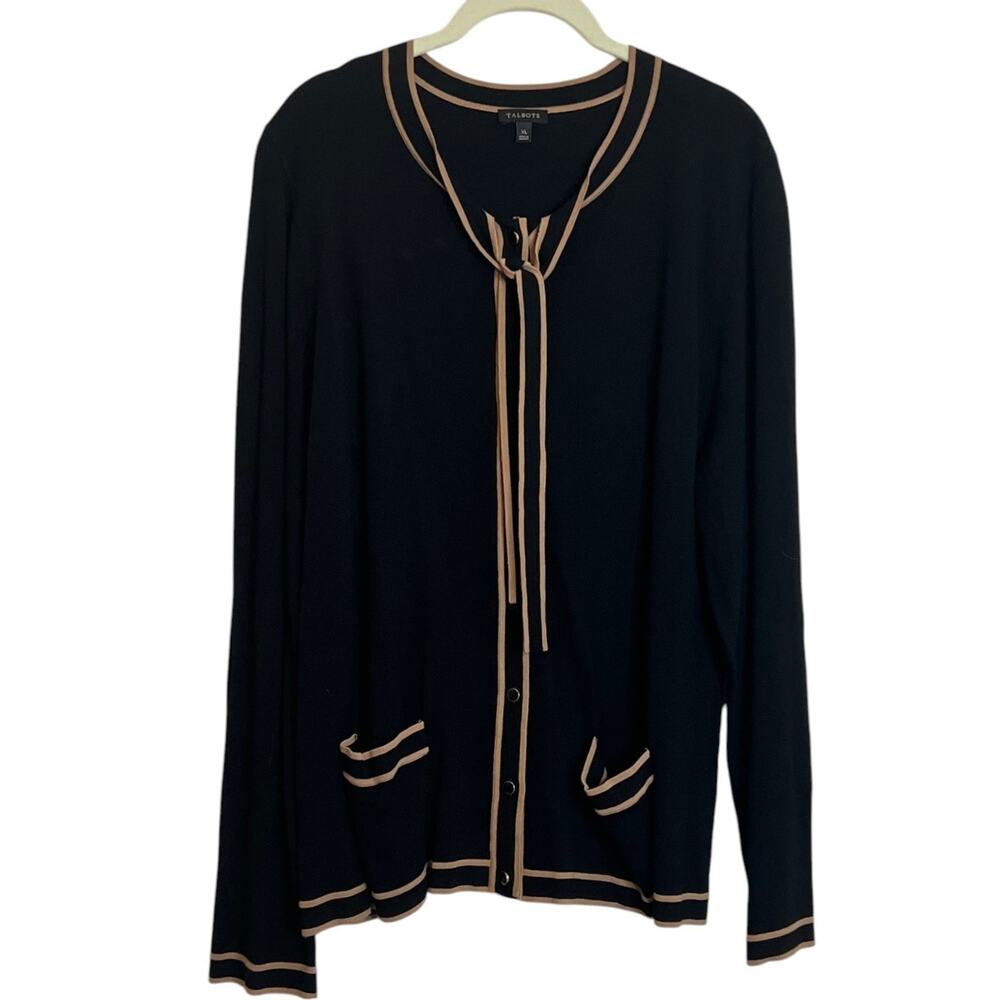 Talbots Womens Classic Cardigan Sweater Tie Neck XL Black Tan Trim Career Preppy